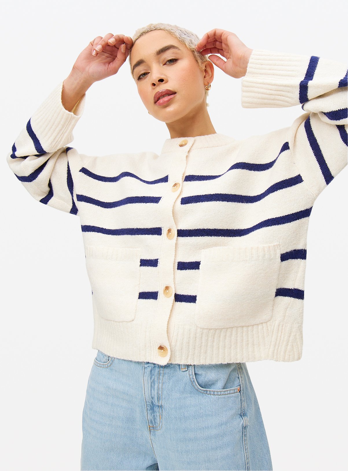 Cream Stripe Pocket Boxy Crew Cardigan 14 - Image 1 thumbnail